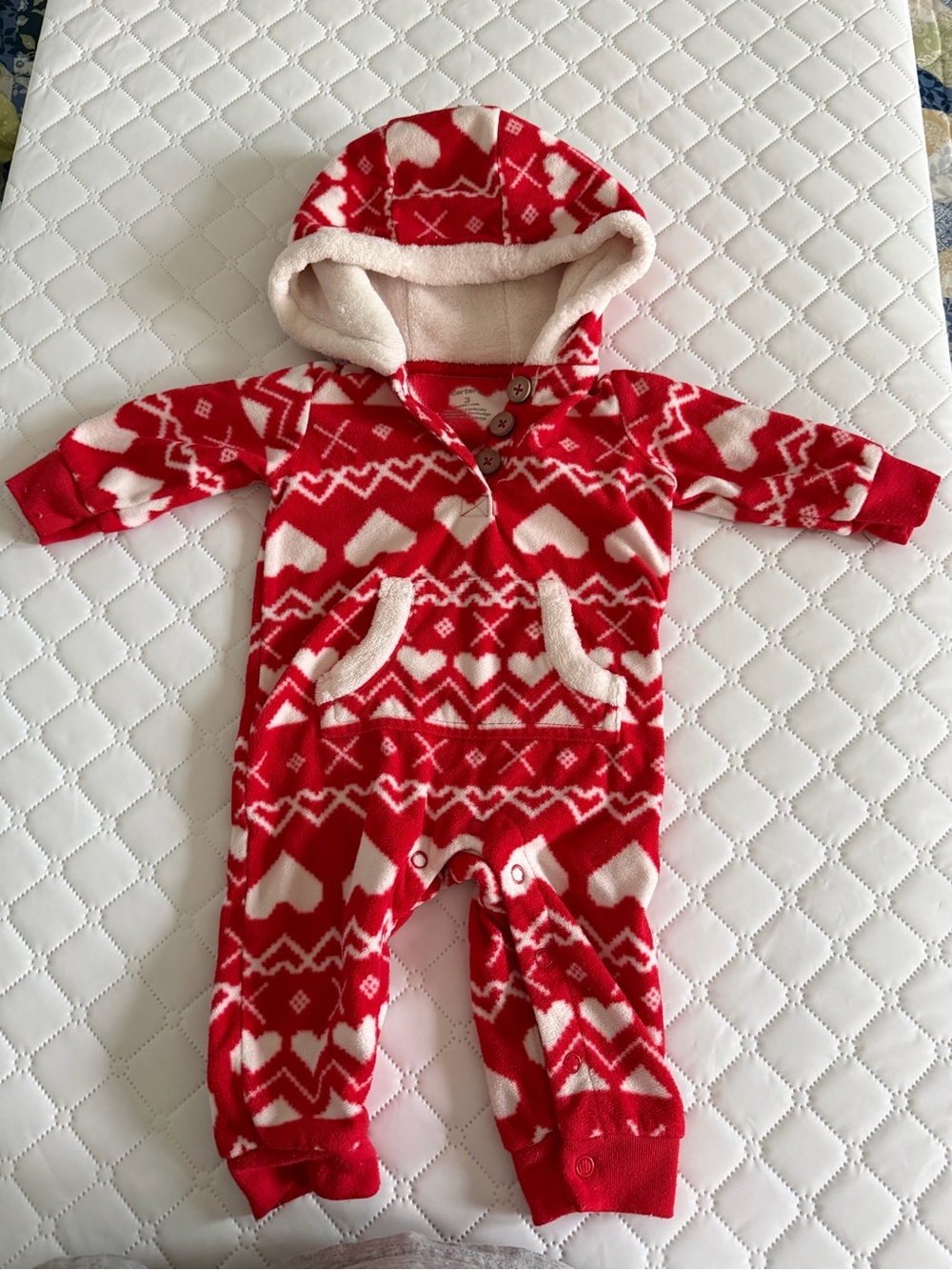 Carter's Red and White Heart-Print Hooded Baby Footie. Size 3 months